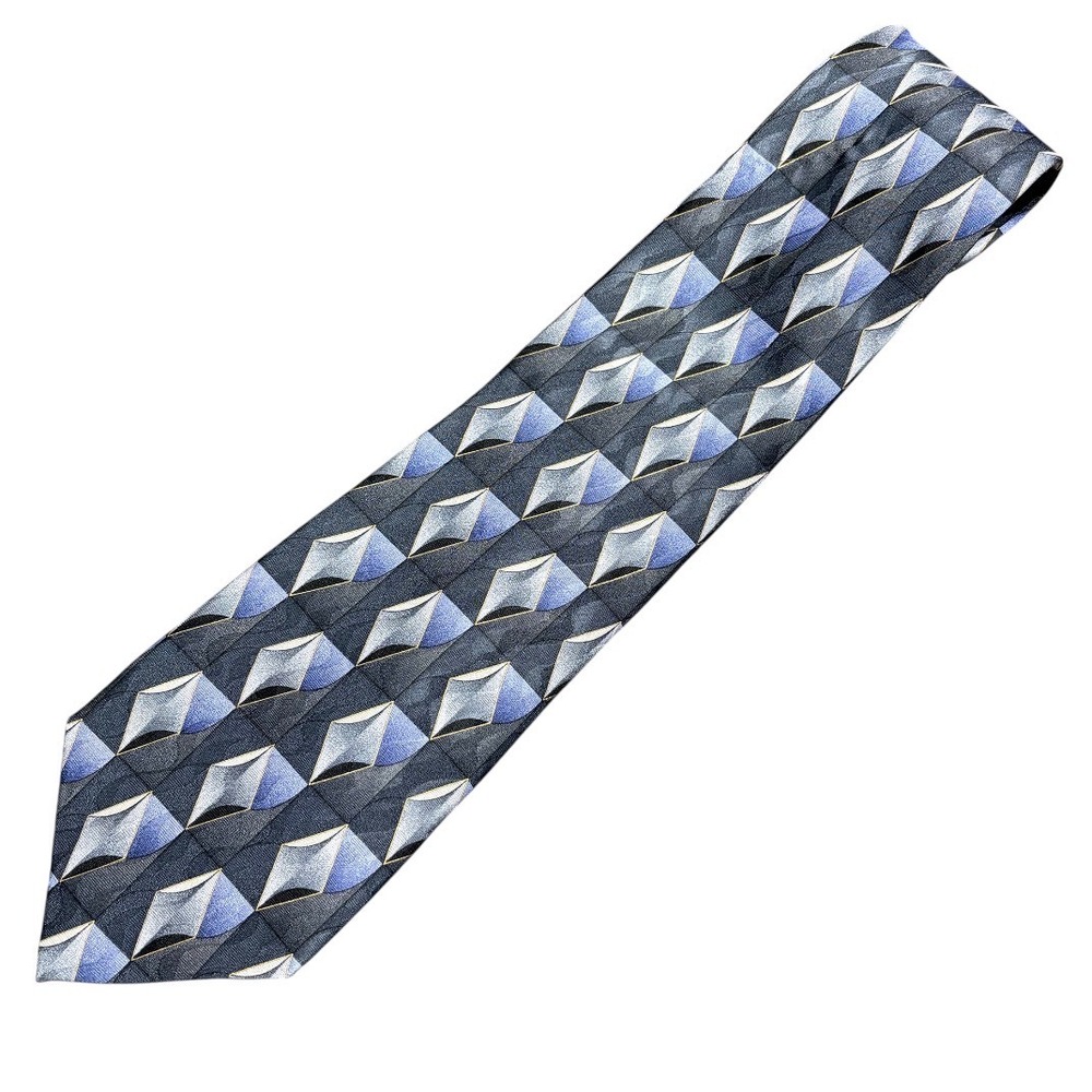 Facets Necktie Mens Blue Grey Excellent Geometric Diamond Silk Hand Sewn